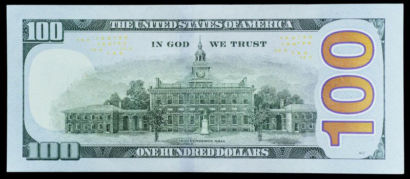 The denomination hundred dollars. American Dollars. One Hundred Dollar Banknotes, 100 dollar