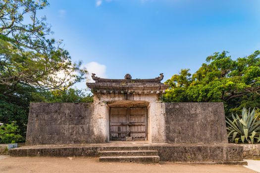 okinawa, japan - september 15 2021: Sonohyan-utaki gate of Shuri Castle's in the Shuri neighborhood of Naha, the capital of Okinawa Prefecture, Japan.