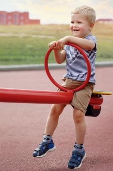 Beautiful boy sitting on a double sided swings at a playground. Smiling boy in summer time. Like to be raised. Happy kid in outside