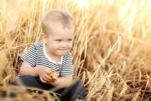 Portrait of little boy eating bread while sitting at wheat fields among golden spikes in summer day. Country life, calmness and summer relaxation, peace, environmental care and agriculture concept