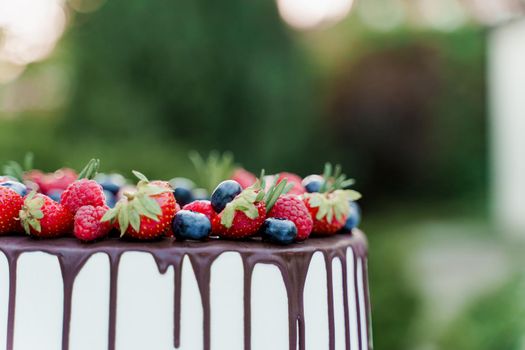 Wedding cake with strawberries and blueberries on top on the green background. White tasty cake for ceremony. Advert for cooks.
