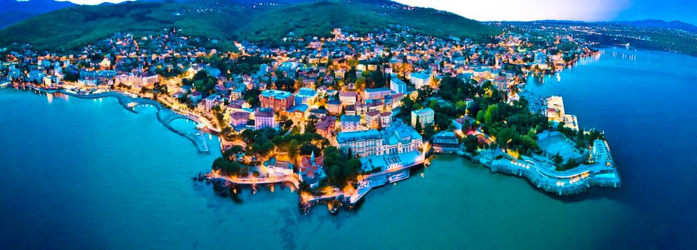 Town of Opatija aerial panoramic night view, Kvarner bay of Croatia