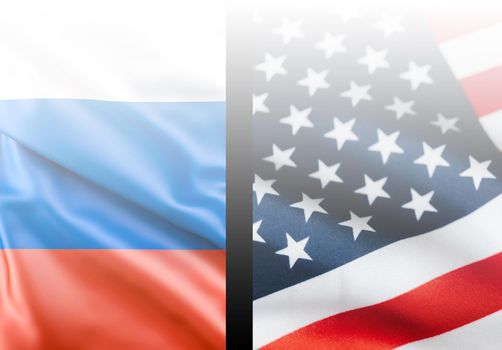 Geneva, Switzerland, June 16, 2021: Flags of the USA and Russia. Negotiations between the presidents of the two world powers. Difficult relationships and problem solving