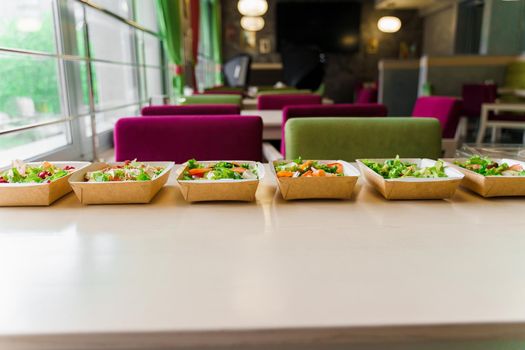 6 Green natural salads in eco thermo box with microgreen, veal, cucumber, tomato, cheese, garnet, peal. Safety delivery at quarantine covid 19. On-line order