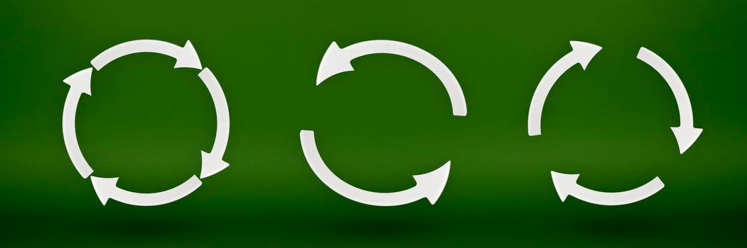 Ecology, set recycling symbol , white arrows form a circle. 3D image on a green background. Green products, green renewable energy, graph pointing up and down.