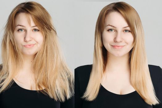 portraits of blonde haired woman in black, with glossy and messy unbrushed hair in after and before shampoon. Collage of two photo with happy and sadly girl after beauty salon.