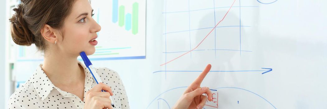 Portrait of attractive manager working in big modern office and discussing important graphs with witty colleagues. Smart woman pointing at complicated charts. Company meeting concept