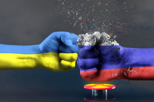 War between Ukraine and Russia. Ukraine's victory in the war. The concept of a military operation in Ukraine. The fist crushes Russia into dust. Red button, threat of nuclear war