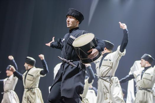 Belarus, Gomel, February 27, 2018. Concert hall. Speech of the national Georgian ballet Sukhishvili.Georgian dancers performing a dance.Georgian dance with a drum