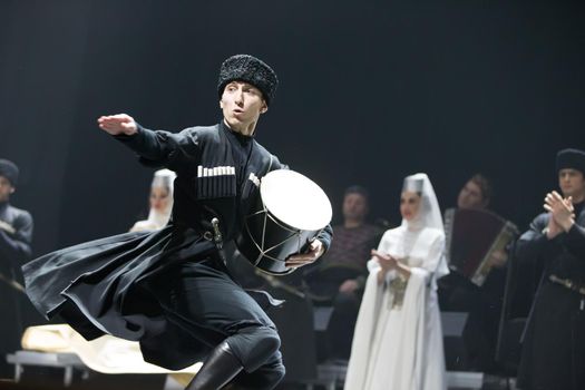 Belarus, Gomel, February 27, 2018. Concert hall. Speech of the national Georgian ballet Sukhishvili.Georgian dance with a drum