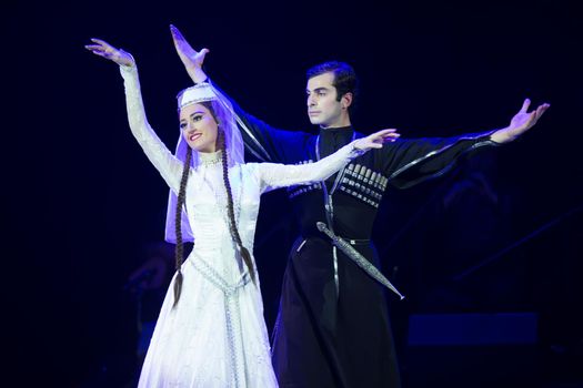 Belarus, Gomel, February 27, 2018. Concert hall. Speech of the national Georgian ballet Sukhishvili.Georgian male and female dancers perform national dance