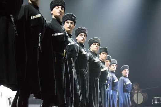 Belarus, Gomel, February 27, 2018. Concert hall. Speech of the national Georgian ballet Sukhishvili.Georgian dancers performing a dance
