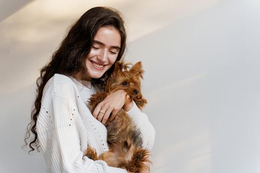 Young attractive woman with dog yorkshire terrier smiles. Close up photo. Pet care. People and pets. Girl holds brown dog isolated on white background