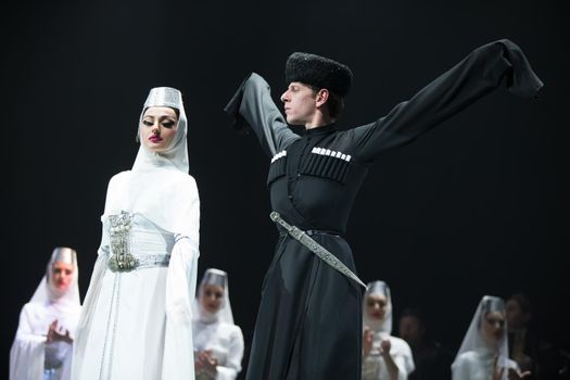 Belarus, Gomel, February 27, 2018. Concert hall. Speech of the national Georgian ballet Sukhishvili.Georgian male and female dancers perform national dance