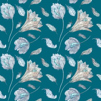 Seamless texture with feathers, flowers and crystals for textile and wallpaper design