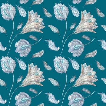 Seamless texture with feathers, flowers and crystals for textile and wallpaper design