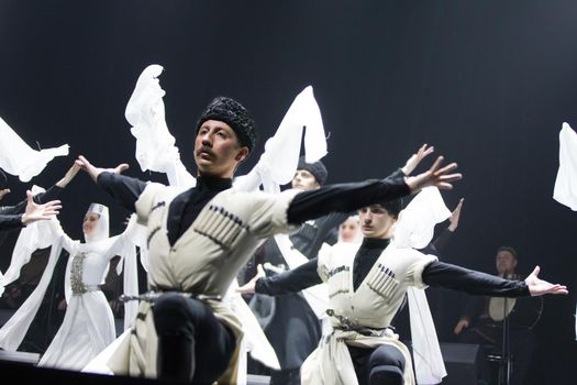 Belarus, Gomel, February 27, 2018. Concert hall. Speech of the national Georgian ballet Sukhishvili.Georgian dancers performing a dance