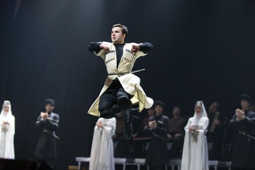 Belarus, Gomel, February 27, 2018. Concert hall. Speech of the national Georgian ballet Sukhishvili.The jump of the Georgian dancer