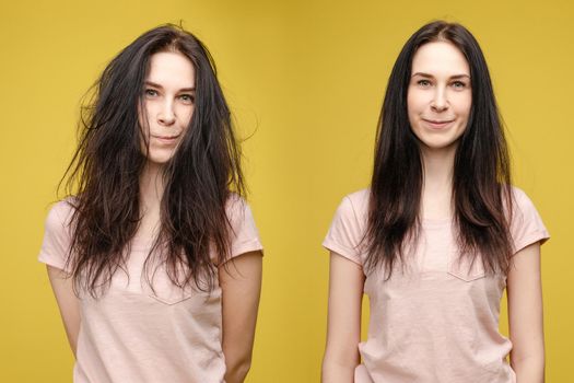 portraits of blonde haired woman in black, with glossy and messy unbrushed hair in after and before shampoon. Collage of two photo with happy and sadly girl after beauty salon.