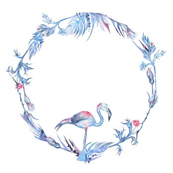 Circle vignette with Tropical plants, flowers and flamingo bird for romantic invitation and card design