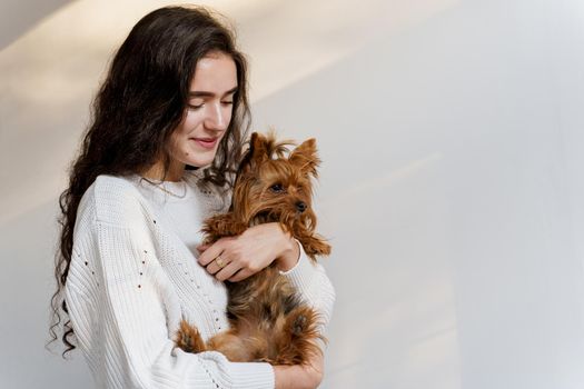 Girl holds brown dog isolated on white background. Young attractive woman with dog yorkshire terrier smiles. Close up photo. Pet care. People and pets.