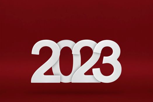 Happy New Year 2023 greeting template. Festive 3d banner with white numbers 2023 on a red background. Festive poster or banner design. Happy new year modern background.