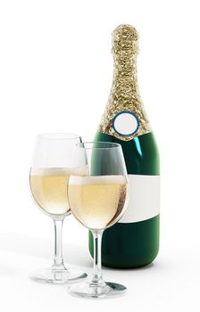 Champagne bottle and glasses isolated on white background
