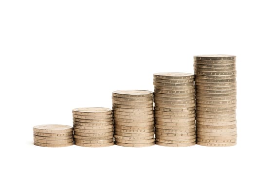 Stacks of coins on a white isolated background. 2 euro coins in a stack