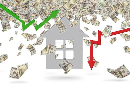 Real estate market, graph, up arrow. House model and a stack of coins. The concept of inflation, economic growth, the price of insurance services. Copy space