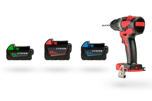 Batteries for cordless tools, a large set of tools from different angles. Batteries for a screwdriver of different capacities and different sizes, isolated on a white background. Electric drill with.