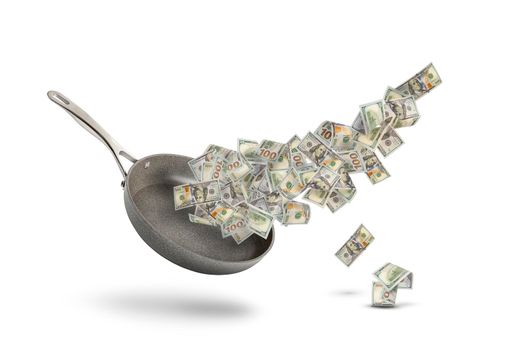 Rising food prices. The concept of rising cost of food. Money in a pot. Dollar bills fly over a frying pan as a symbol of money or salary for food on a white background.