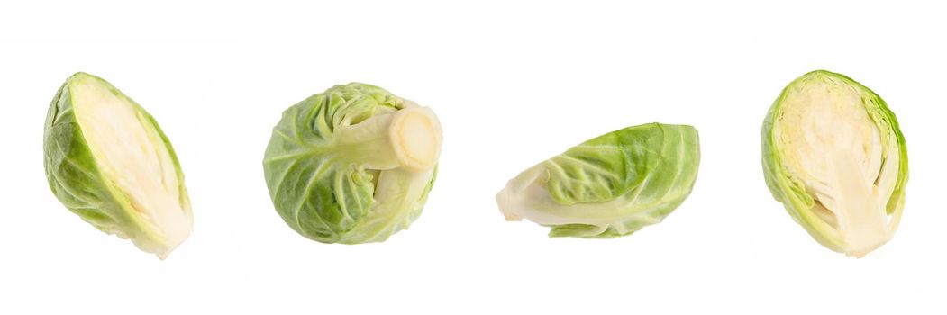 Brussels sprouts. Set of fresh brussels sprouts in stacks on white isolated background. Deep focus stacking