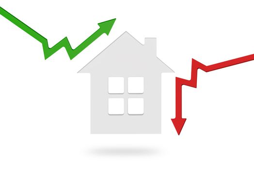 Real estate market, graph, up arrow. House model and a stack of coins. The concept of inflation, economic growth, the price of insurance services. Copy space