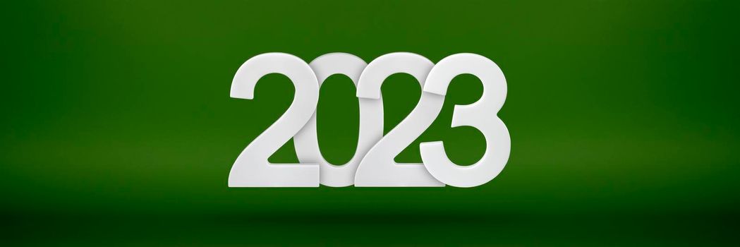 Happy New Year 2023 greeting template. Festive 3d banner with white numbers 2023 on a, green, background. Festive poster or banner design. Happy new year modern background.