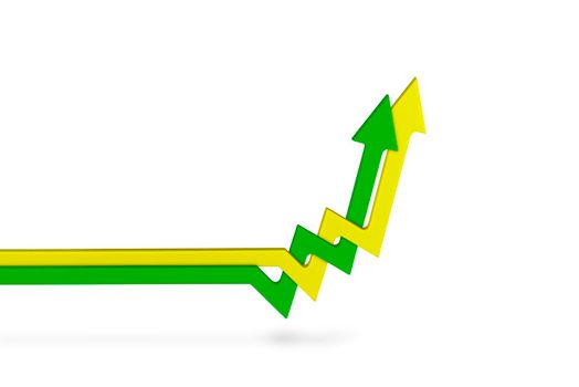 Inflation, rising inflation. Rising prices. Yellow and green arrows intertwined on the chart pointing up, white background. Growth concept.