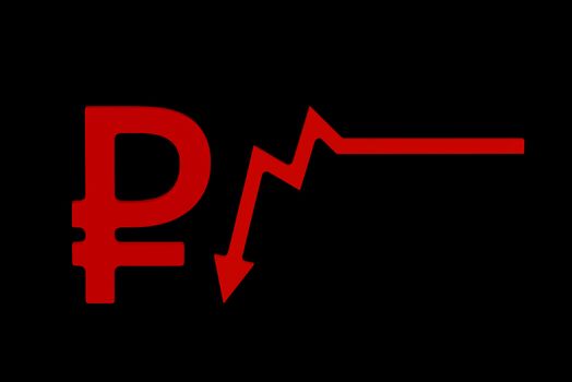 Sanctions and crisis 2022 in Russia. Company quarterly or annual reports. Economic downturn on the chart. Chart arrow pointing down against falling chart and ruble symbol.