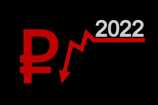 Sanctions and crisis 2022 in Russia. Company quarterly or annual reports. Economic downturn on the chart. Chart arrow pointing down against falling chart and ruble symbol.