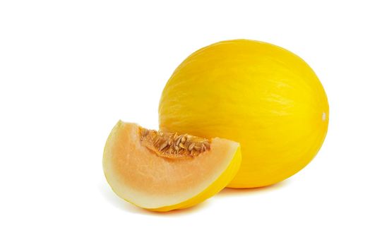 Melon on a white background. Yellow melon on a white isolate. Fresh juicy piece of melon with shadow on a white background. For insertion into a project, design or advertisement.