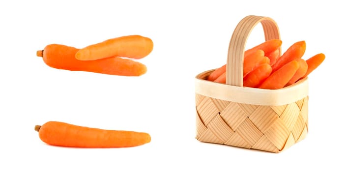 Bunch of fresh raw carrots in wicker basket isolated on white.