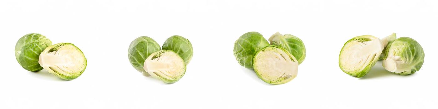 Brussels sprouts. Large set of fresh brussels sprouts in stacks on a white isolated background. Deep focus stacking