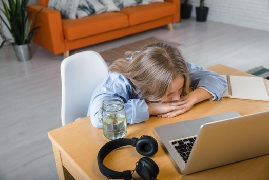 teenager is studying at home on carrantine. High quality photo