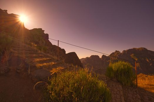 sunset over mountains in Madeira . High quality photo