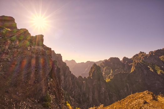 sunset over mountains in Madeira . High quality photo