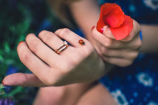 Hand of a girl with fair skin with two rings on a ring finger with red polka dots manicure.On the hand a ladybug.the other hand the girl holds a red poppy flower. Women's blue dress with a daisy print