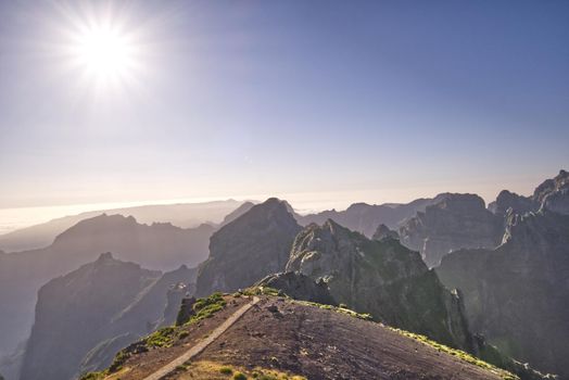 sunset over mountains in Madeira . High quality photo