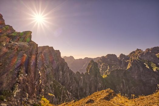 sunset over mountains in Madeira . High quality photo