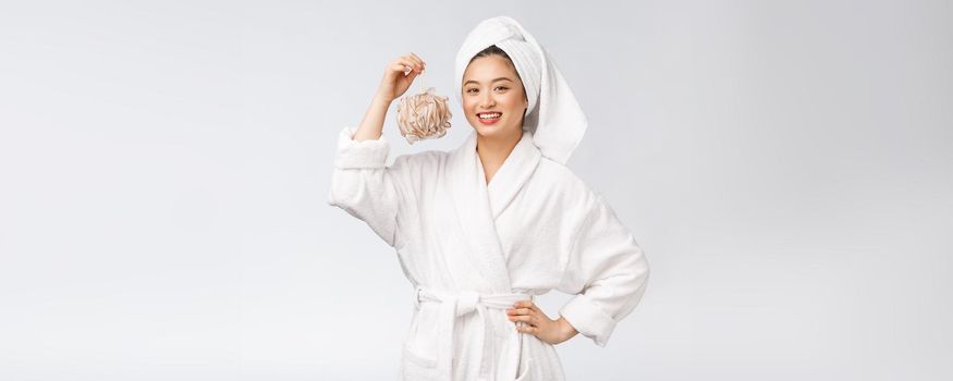 Asian woman being happy with the shower. Studio concept.