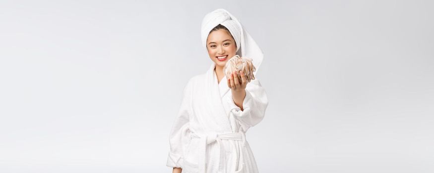 Asian woman being happy with the shower. Studio concept.