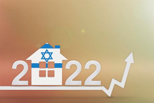 The cost of real estate in Israel in 2022. Rising cost of construction, insurance, rent in Israel. 3d House model painted in flag colors, up arrow on yellow background.