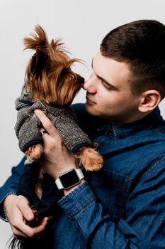 Man loves his dog yorkshire terrier. Loving animals. Advert for veterinarian and vet pharmacy